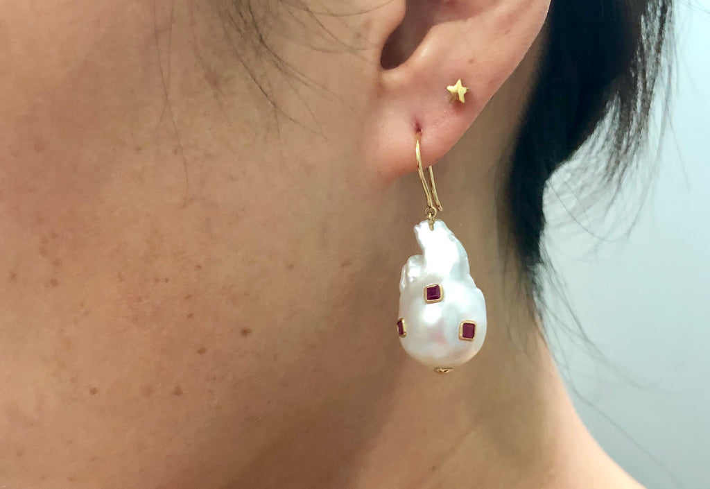 Starla Pearl with Ruby Dangle Earrings-Earrings-Nari Fine Jewels-Nari Fine Jewels