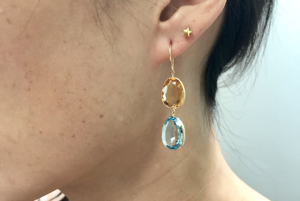 Isabel Citrine and Blue Topaz Bezel Earrings-Earrings-Nari Fine Jewels-Nari Fine Jewels