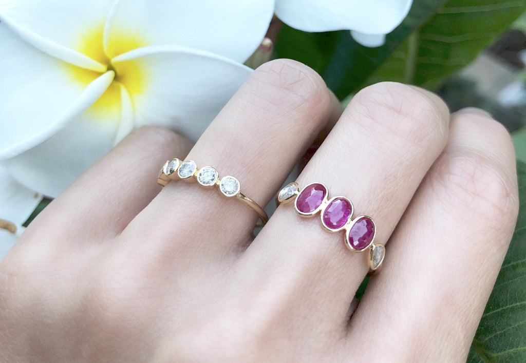 Hana Ruby Three Stones and Diamond Ring-Rings-Nari Fine Jewels-Nari Fine Jewels