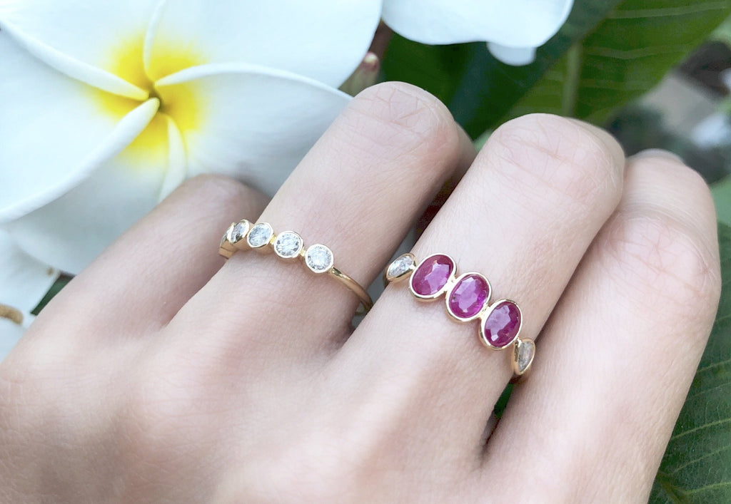 Hana Ruby Three Stones and Diamond Ring-Rings-Nari Fine Jewels-Nari Fine Jewels