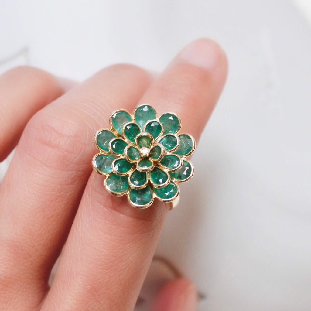 Camellia Emerald Ring with Diamond Accent-Rings-Nari Fine Jewels-Nari Fine Jewels
