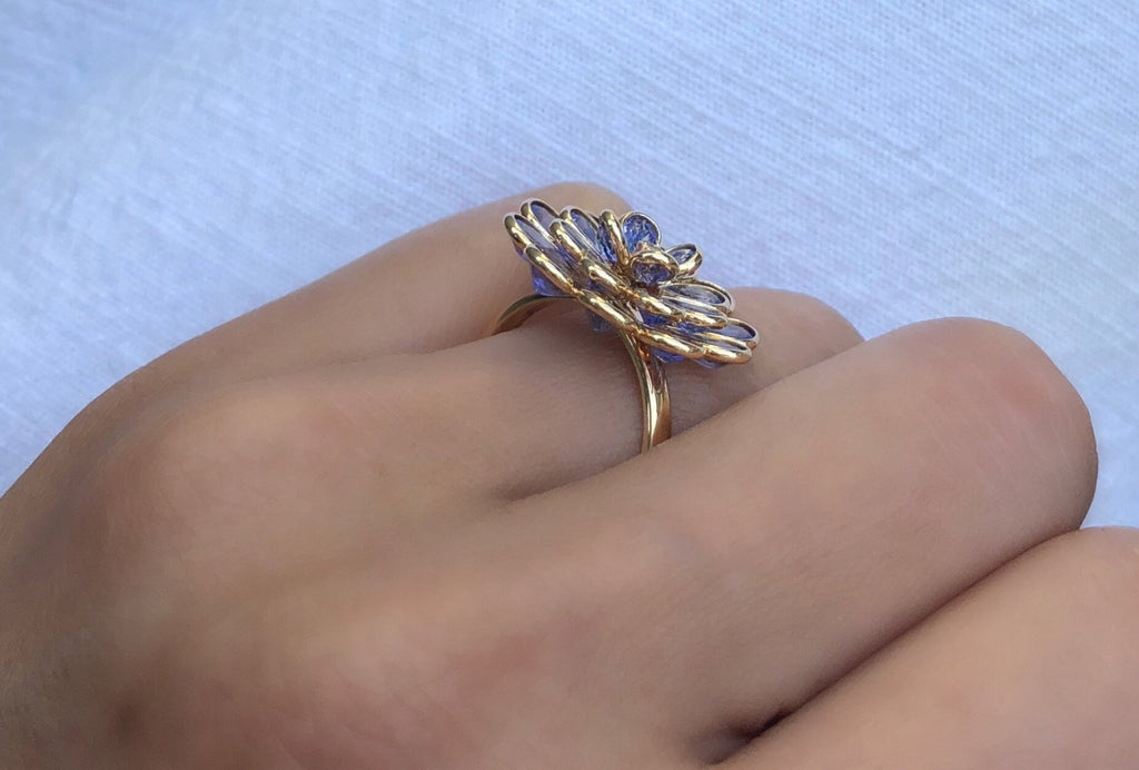Camellia Tanzanite Ring with Diamond-Rings-Nari Fine Jewels-Nari Fine Jewels