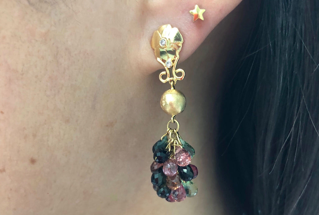 Portia Multi Colored Tourmaline Briolette with Diamond Accent Dangle Earrings-Earrings-Nari Fine Jewels-Nari Fine Jewels
