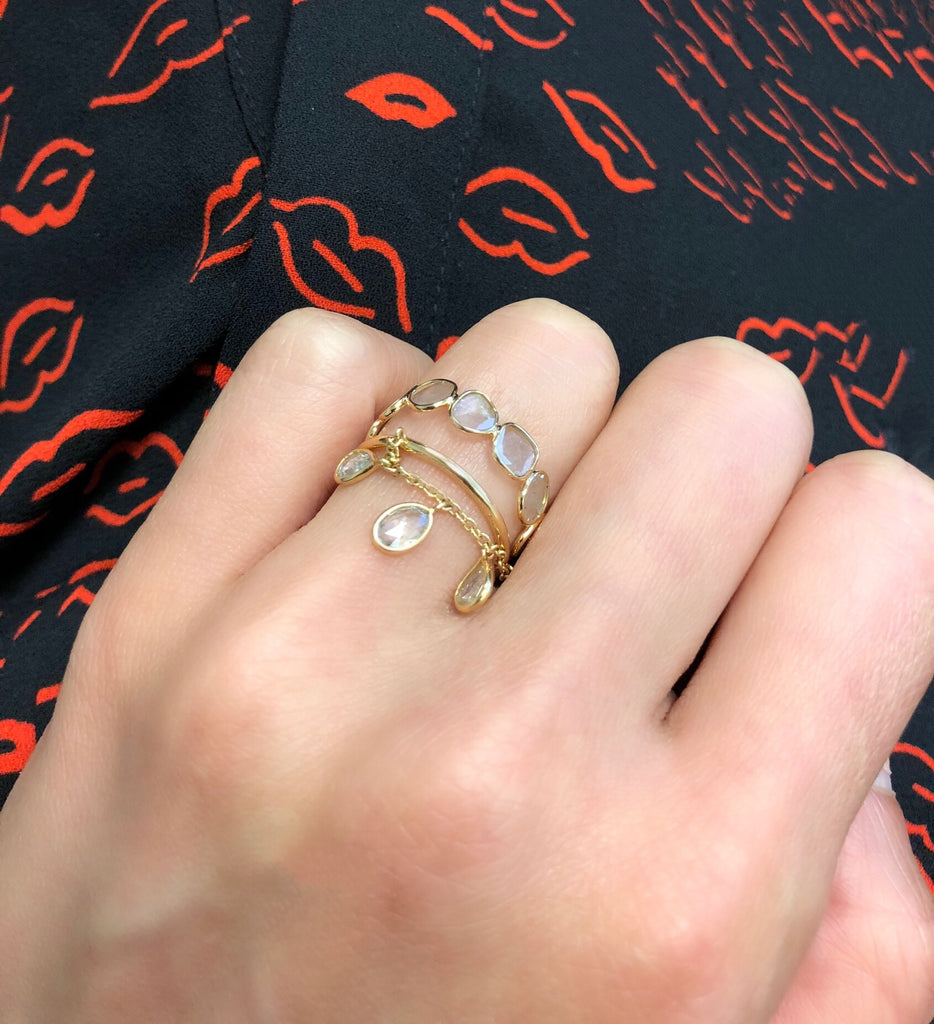 Lucy Diamond Pear Shape Three Stones Dangling Chain Ring-Rings-Nari Fine Jewels-Nari Fine Jewels