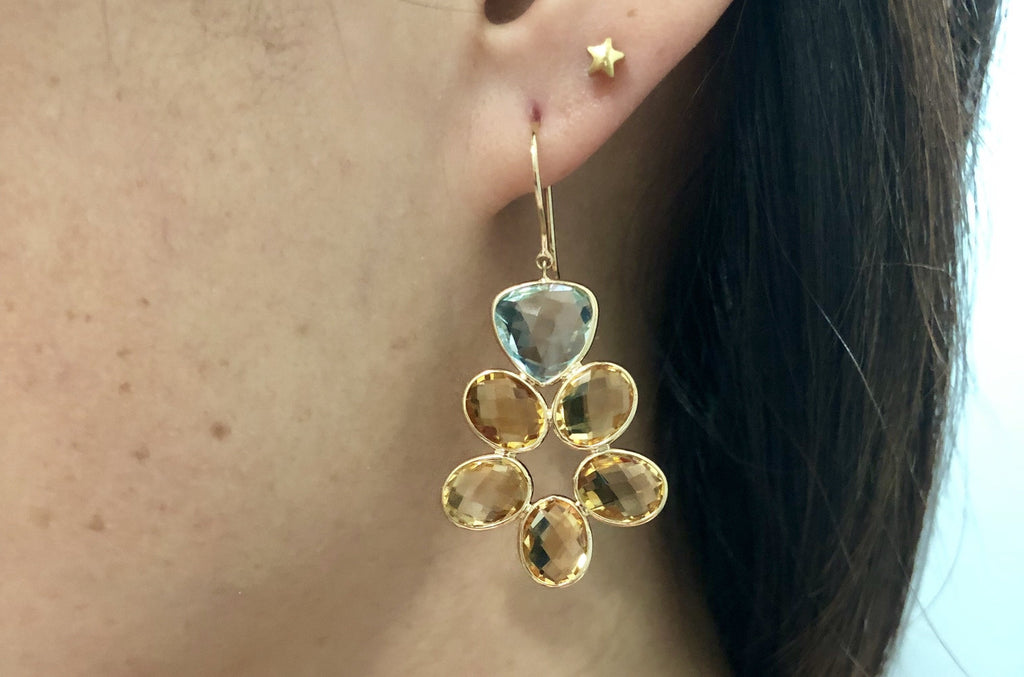 Kami Citrine and Blue Topaz Flower Dangle Earrings-Earrings-Nari Fine Jewels-Nari Fine Jewels