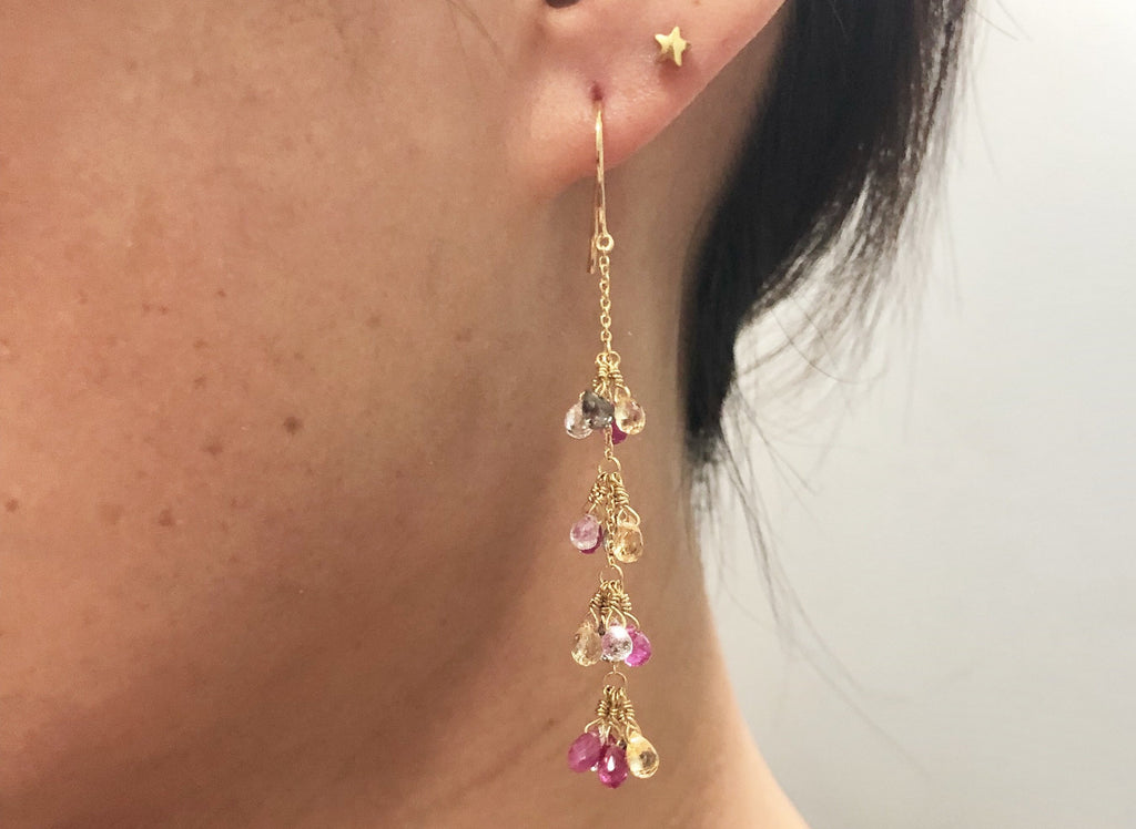 Taya Tourmaline Briolette 4 Tier Dangling Earrings-Earrings-Nari Fine Jewels-Nari Fine Jewels