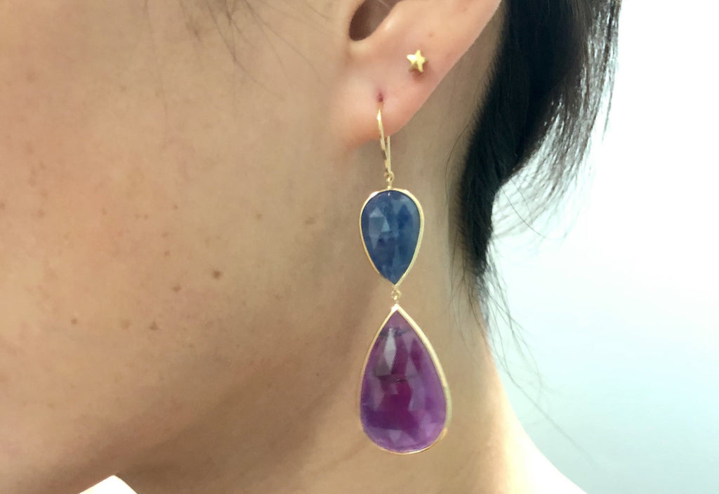 Isabel Ruby and Sapphire Pear Shaped Dangle Earring-Earrings-Nari Fine Jewels-Nari Fine Jewels