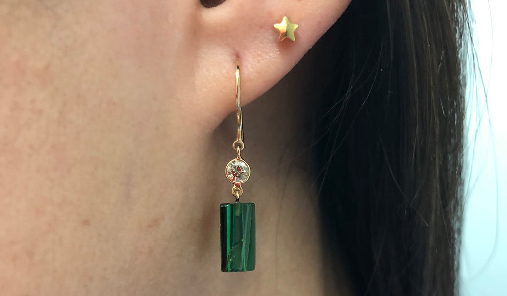 Cali Green Tourmaline Faceted Crystal and Diamond Dangle Earrings-Earrings-Nari Fine Jewels-Nari Fine Jewels