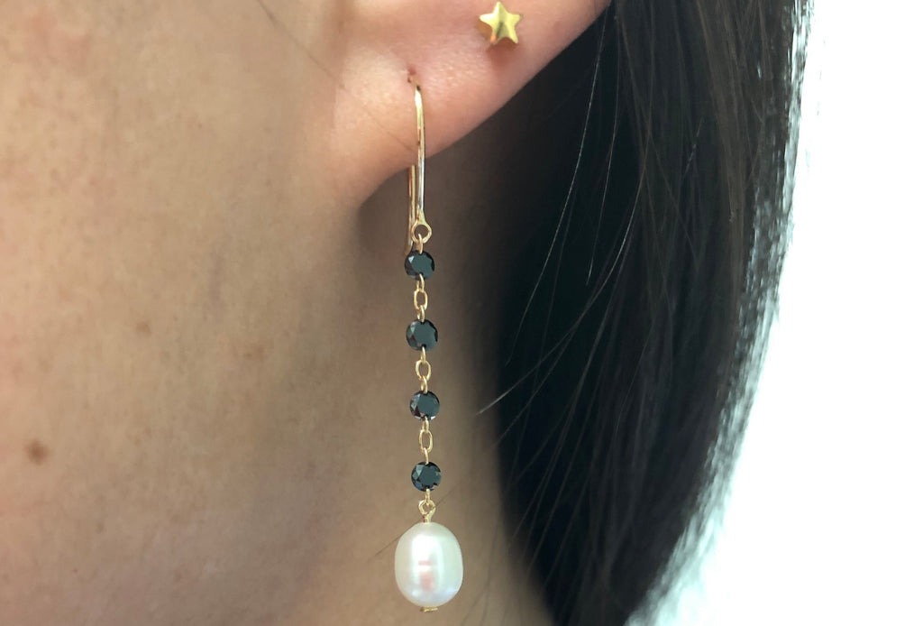 Raine Black Diamond and Pearl Floating Dangle Earrings-Earrings-Nari Fine Jewels-Nari Fine Jewels