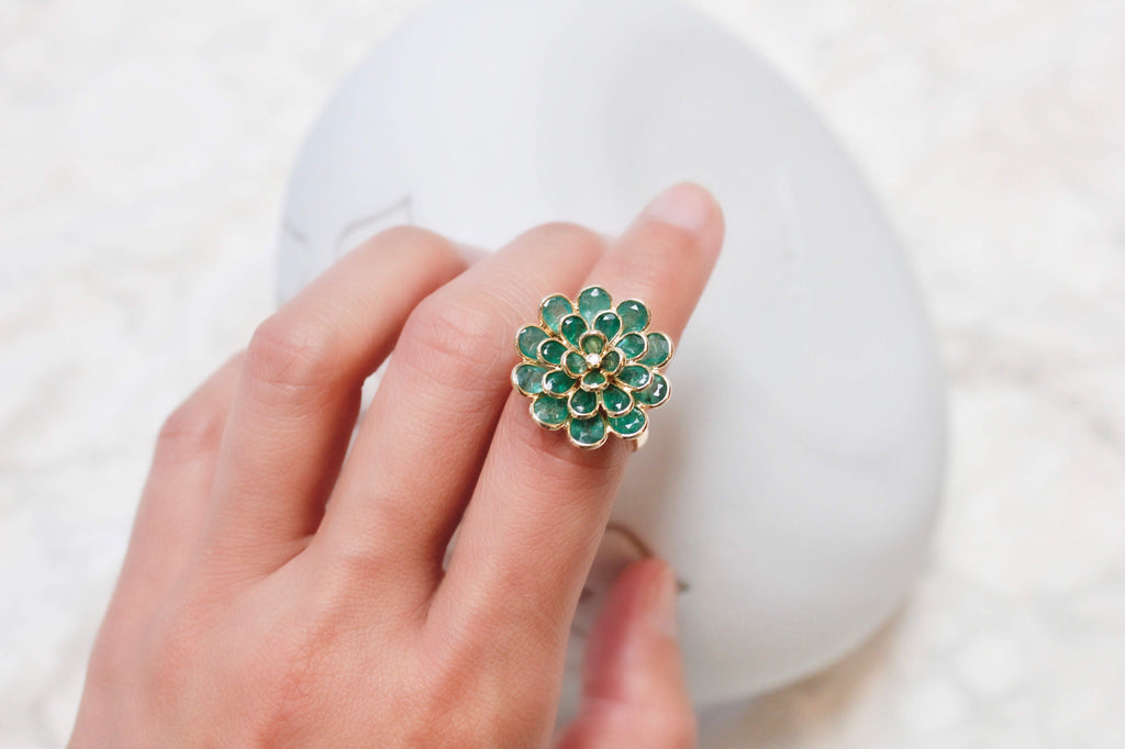 Camellia Emerald Ring with Diamond Accent-Rings-Nari Fine Jewels-Nari Fine Jewels