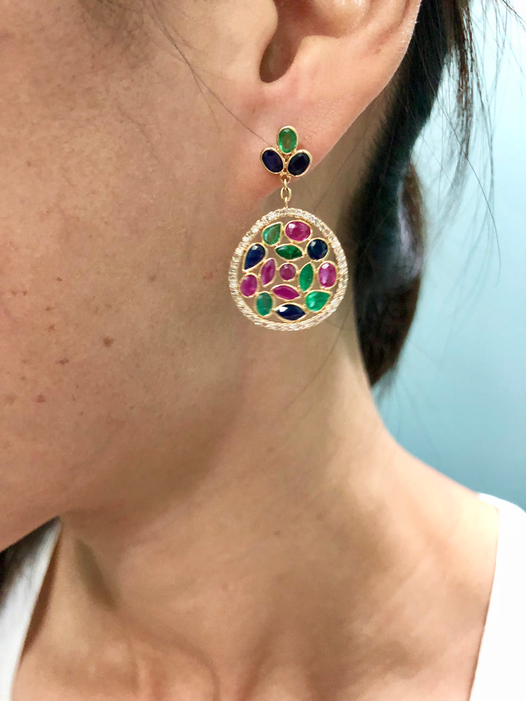 Eden Ruby Emerald Sapphire and Diamond Drop Earrings-Earrings-Nari Fine Jewels-Nari Fine Jewels