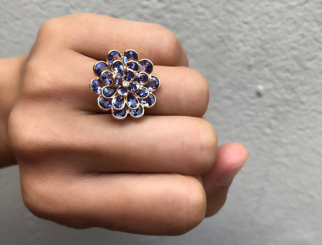 Camellia Tanzanite Ring with Diamond-Rings-Nari Fine Jewels-Nari Fine Jewels