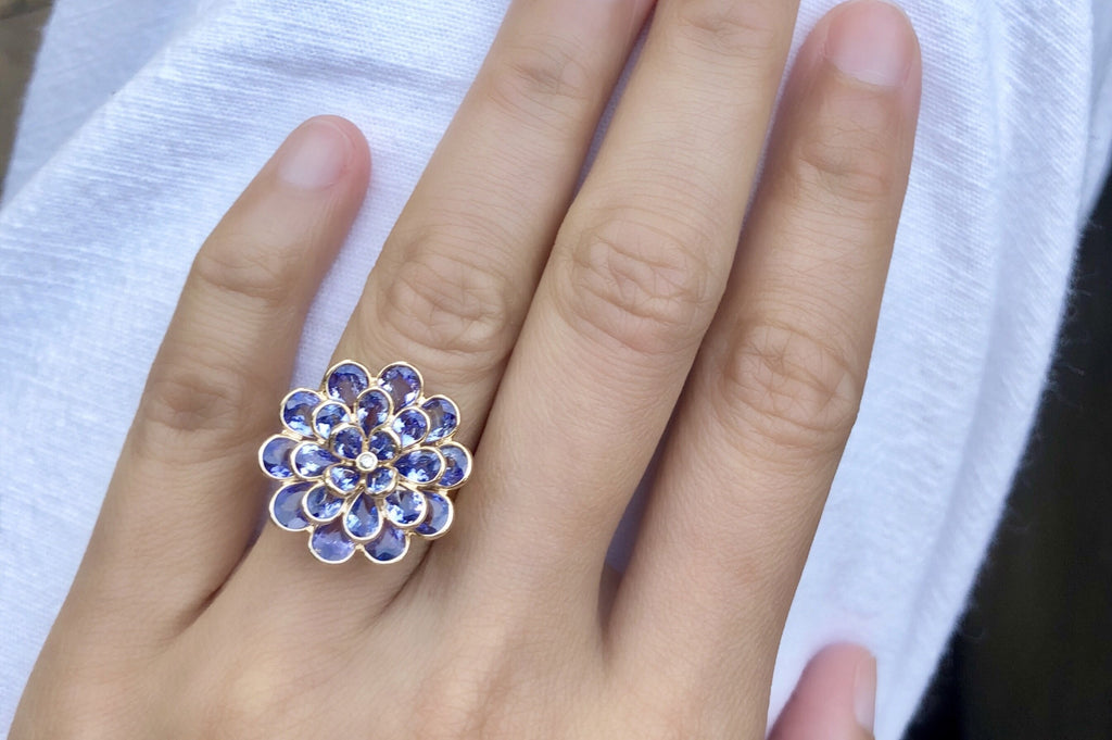 Camellia Tanzanite Ring with Diamond-Rings-Nari Fine Jewels-Nari Fine Jewels