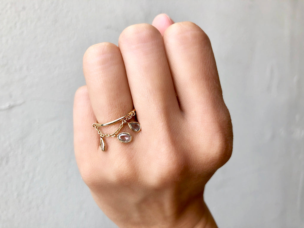 Lucy Diamond Pear Shape Three Stones Dangling Chain Ring-Rings-Nari Fine Jewels-Nari Fine Jewels