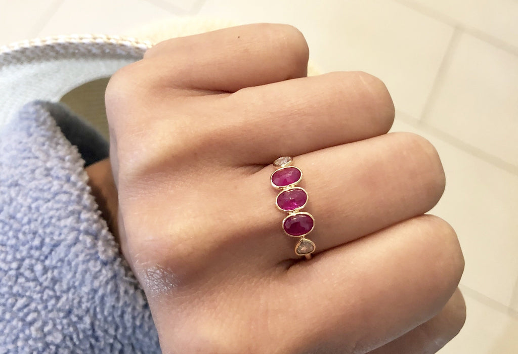 Hana Ruby Three Stones and Diamond Ring-Rings-Nari Fine Jewels-Nari Fine Jewels