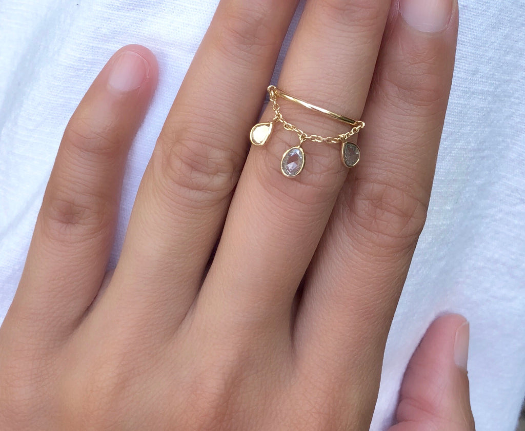 Lucy Diamond Pear Shape Three Stones Dangling Chain Ring-Rings-Nari Fine Jewels-Nari Fine Jewels