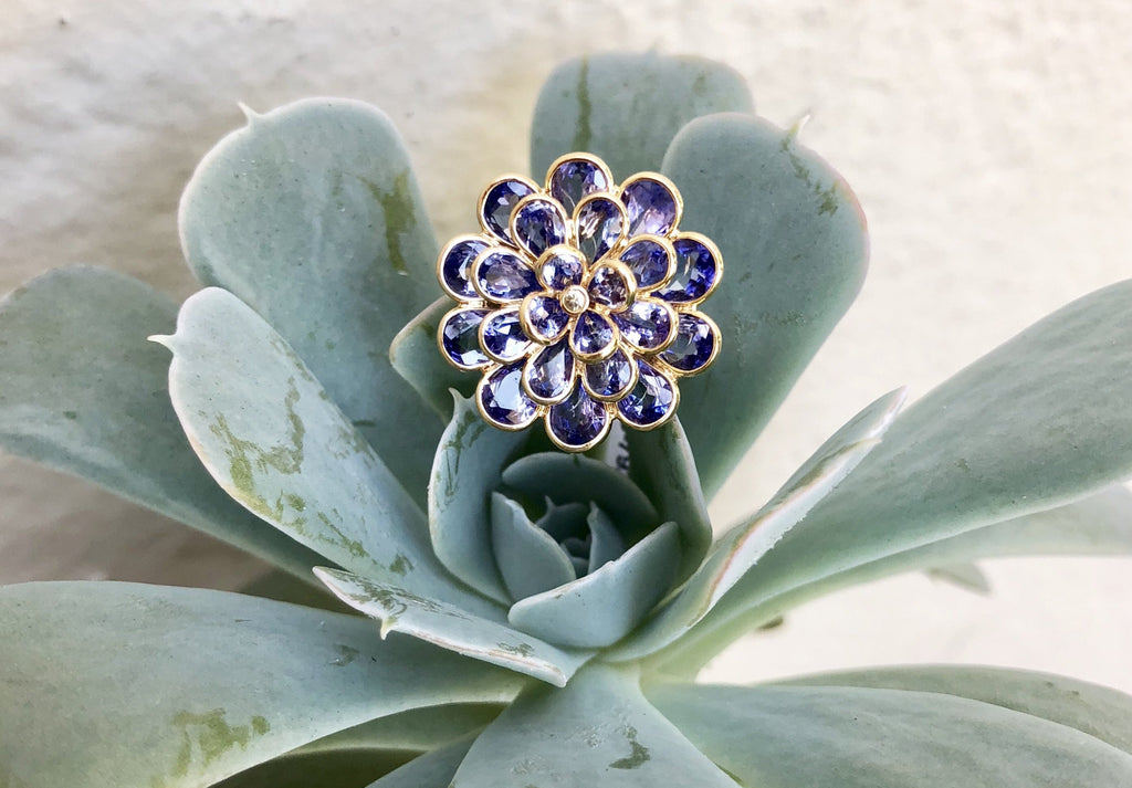 Camellia Tanzanite Ring with Diamond-Rings-Nari Fine Jewels-Nari Fine Jewels