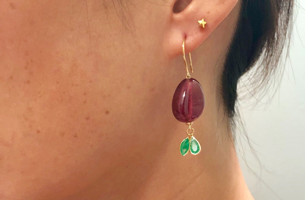 Cheri Polished Tourmaline with Emerald Dangle Earrings-Earrings-Nari Fine Jewels-Nari Fine Jewels