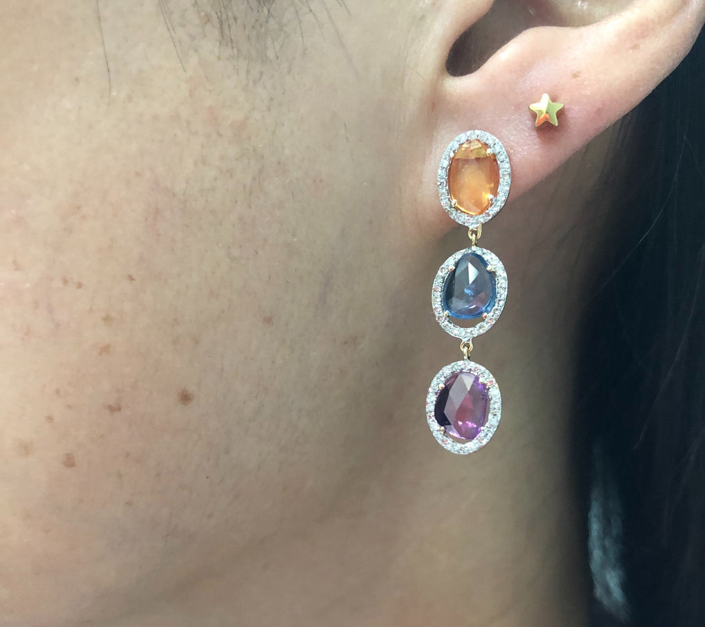 Lila Multi Colored Sapphire with Diamond Halo Triple Dangle Earrings-Earrings-Nari Fine Jewels-Nari Fine Jewels